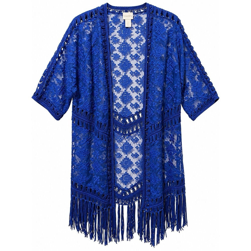 Chico's Blue Embroidered Crochet Kimono Cardigan Fringe Duster Boho Size 1 NWT